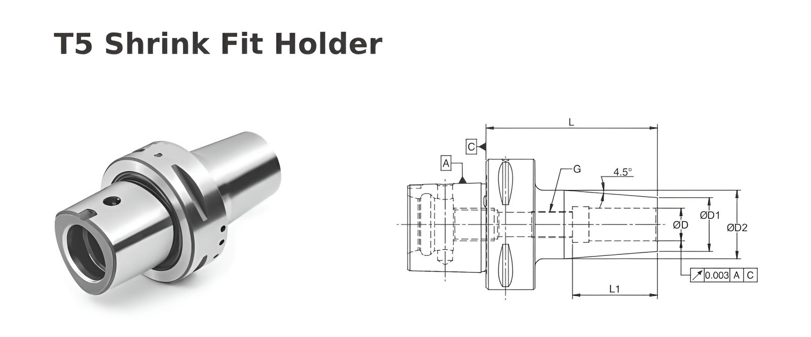 Polygonal Shank T5 SFH03 075 Shrink Fit Holder (Balanced to G2.5 25000 RPM) (ISO 26623-1) (Compatible with Capto® Style C5)